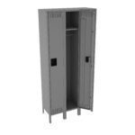 A gray metal locker with two open doors, revealing shelves and a hanging rod inside. The locker has vents on the doors and a sturdy build, standing on four legs.