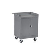 A gray metal storage cart with a flat top surface and two lockable doors on the front. It has four swiveling caster wheels for mobility.