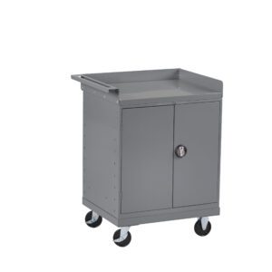A gray metal storage cart with a flat top surface and two lockable doors on the front. It has four swiveling caster wheels for mobility.