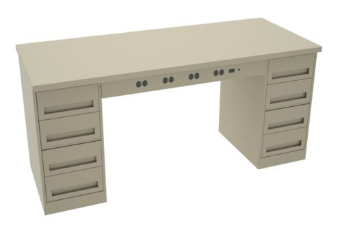 A beige metal desk with two sets of drawers on each side and a series of round holes across the front edge for cable management. The desk has a simple, industrial design with a flat top surface.