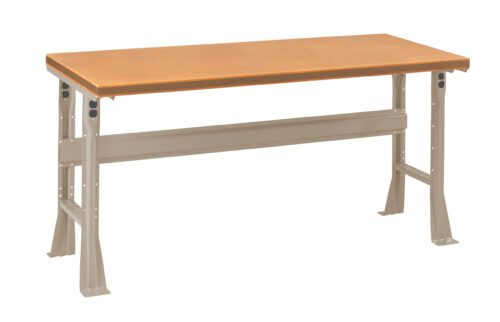 A workbench with a wooden top and metal legs. The frame is light gray, and the tabletop is a warm wood tone. It features a crossbar for support.