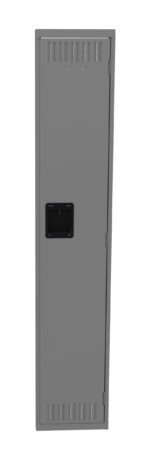 A tall, narrow gray locker with a black rectangular handle. The locker is closed and features small ventilation slits at the top and bottom. The design is simple and functional.
