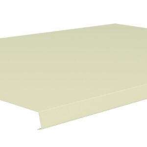 A beige, rectangular sheet of metal with a smooth surface and slightly raised edges, seen from an angle against a white background. A small hole is visible on one corner.