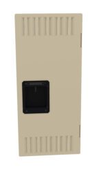 Rectangular beige ventilation panel with a black rectangular opening in the center. The panel features horizontal vents at the top and bottom. The right side has a visible hinge.