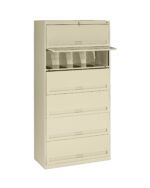 A beige, upright filing cabinet with six drawers. The top drawer is slightly open, revealing plastic file dividers. The cabinet is sturdy and designed for organized document storage.