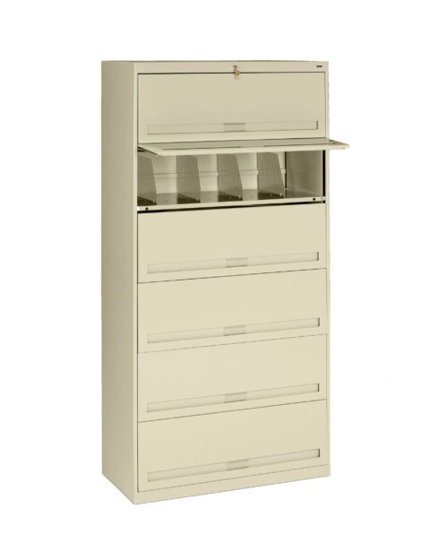 A beige, upright filing cabinet with six drawers. The top drawer is slightly open, revealing plastic file dividers. The cabinet is sturdy and designed for organized document storage.