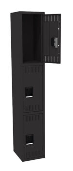 Black metal locker with three compartments, one open showing the interior. Each compartment has a handle. The locker has a minimalist design and stands upright.
