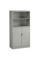 A grey metal storage cabinet with an upper open shelf and a lower section featuring two lockable doors. The shelf inside the cabinet is adjustable, offering versatile storage options. The cabinet stands on a flat surface.