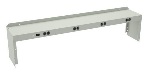 A metallic power distribution unit with multiple power sockets evenly spaced along the front. It has a long, rectangular shape with flanges on each end for mounting. The unit is designed for use in a rack or cabinet system.