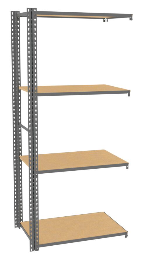 A metal shelving unit with four wooden shelves. The frame is made of grey metal supports with holes, and the shelves are light brown wood, evenly spaced. The unit is empty and stands against a white background.
