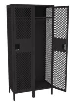 A black metal locker with a perforated diamond pattern. It has two vertical compartments, one with an open door. Inside, a hanging rod is visible. The design is industrial and utilitarian.