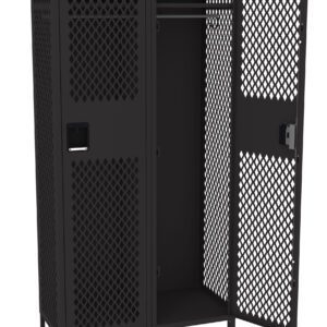 A black metal locker with a perforated diamond pattern. It has two vertical compartments, one with an open door. Inside, a hanging rod is visible. The design is industrial and utilitarian.