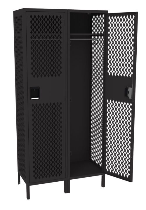 A black metal locker with a perforated diamond pattern. It has two vertical compartments, one with an open door. Inside, a hanging rod is visible. The design is industrial and utilitarian.