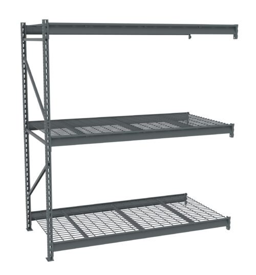 bgbukvzrvxilrahnyc2u.jpg A metal storage rack with three wire grid shelves and a sturdy frame. The structure is industrial in style, featuring vertical beams with evenly spaced holes and brackets for adjustable shelving. The rack is empty and designed for heavy-duty storage.