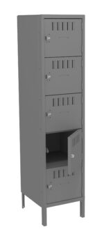 A tall, gray metal locker unit with four compartments is shown. Each compartment has a handle and ventilation slots. The second compartment from the bottom is open, revealing the interior. The locker stands on four legs.