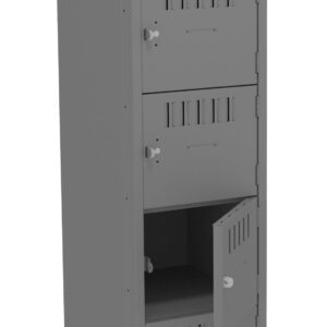 A tall, gray metal locker unit with four compartments is shown. Each compartment has a handle and ventilation slots. The second compartment from the bottom is open, revealing the interior. The locker stands on four legs.