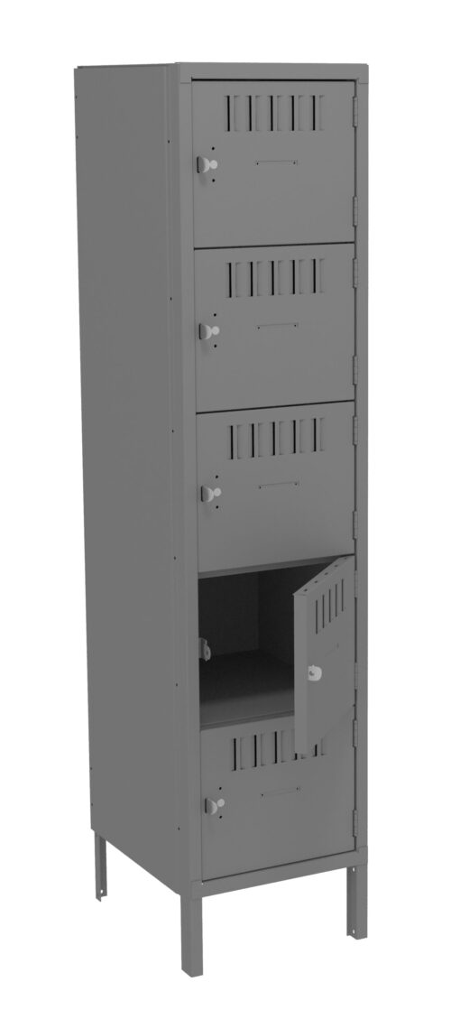 A tall, gray metal locker unit with four compartments is shown. Each compartment has a handle and ventilation slots. The second compartment from the bottom is open, revealing the interior. The locker stands on four legs.