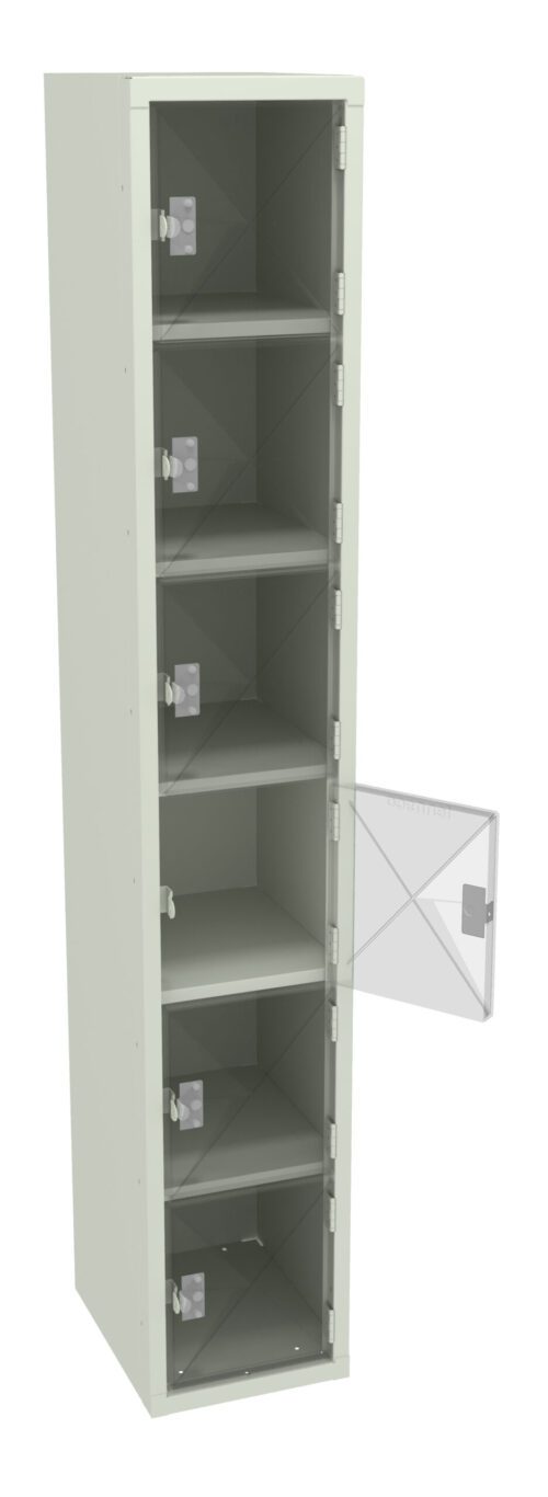 Tall metal locker with a hinged, transparent door slightly open. The locker is divided into six compartments with shelves inside. The structure is light gray and the door includes a small handle.