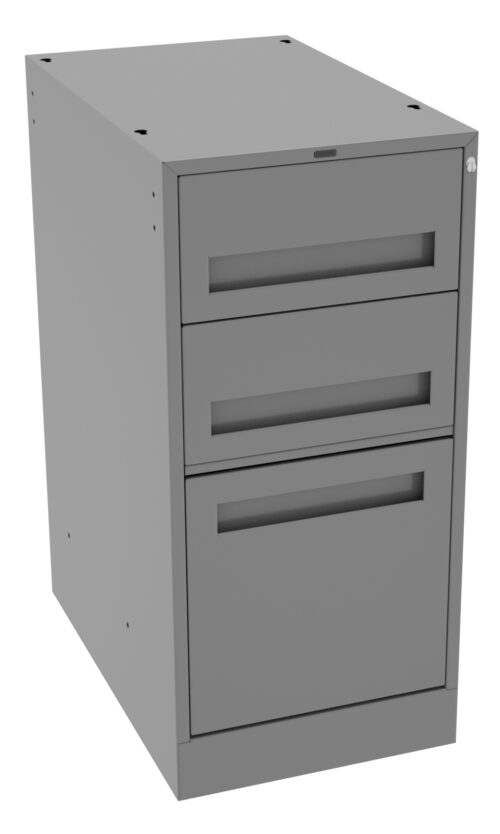 bgxnsyxlmolnaklimzdx.jpg A gray metal filing cabinet with three drawers, two smaller ones on top and a larger one at the bottom. The cabinet is slightly angled, showing its side and front.