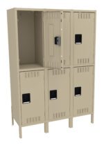 A beige six-compartment steel locker with three rows and two columns. The locker on the upper right has an open door, revealing an empty interior, while the other five doors are closed. Each door has a black handle and vent openings.