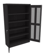 A black metal storage cabinet with an open door revealing four adjustable shelves. The doors feature a diamond mesh design for ventilation.