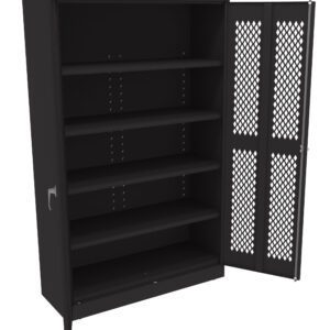 A black metal storage cabinet with an open door revealing four adjustable shelves. The doors feature a diamond mesh design for ventilation.