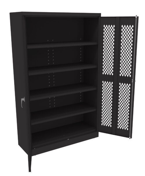 bhdbutgmt03pdsqwachc.jpg A black metal storage cabinet with an open door revealing four adjustable shelves. The doors feature a diamond mesh design for ventilation.