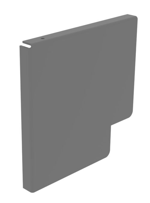 Grey 3D model of a right-handed, stepped chain guide with two screw mounting points on the flat side and a single screw mount on the ridged side. The design is flat and concise.
