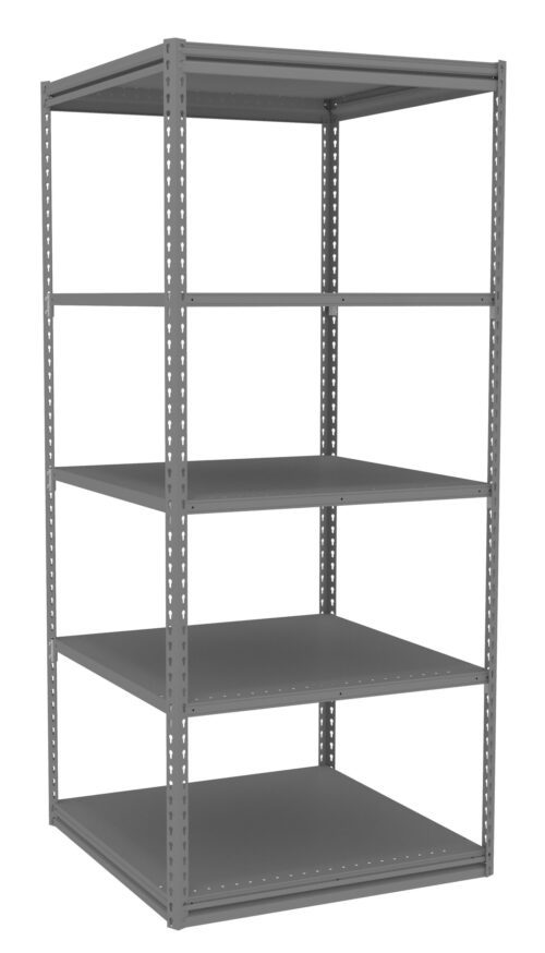 A tall, gray metal shelving unit with five empty shelves, designed for storage. The shelves are evenly spaced and supported by a sturdy frame, suitable for organizing items in a garage, warehouse, or office setting.