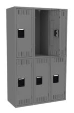 A set of six gray metal lockers, arranged in two rows of three. The top right locker door is open, showing the empty interior. The lockers have black handles and ventilation slits.