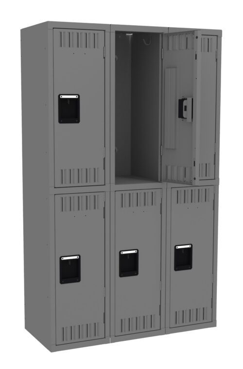 bhqmh05qm3clpailw7k7.jpg A set of six gray metal lockers, arranged in two rows of three. The top right locker door is open, showing the empty interior. The lockers have black handles and ventilation slits.