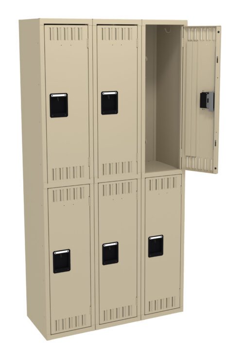A beige metal locker unit with six compartments. The top right locker door is open, revealing the empty interior. Each locker features a black handle and ventilation slots. The overall appearance is clean and functional.