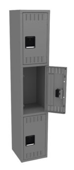 A vertical, gray metal locker with three compartments. The top and bottom compartments are closed, while the middle one is open, showing an empty interior. Each compartment has a rectangular handle and vents on the door.