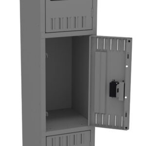 A vertical, gray metal locker with three compartments. The top and bottom compartments are closed, while the middle one is open, showing an empty interior. Each compartment has a rectangular handle and vents on the door.
