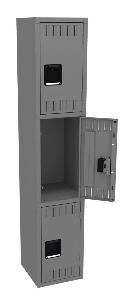 bj2wjxbhuj04yaojqq6p.jpg A vertical, gray metal locker with three compartments. The top and bottom compartments are closed, while the middle one is open, showing an empty interior. Each compartment has a rectangular handle and vents on the door.