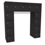A black, U-shaped locker unit with two vertical columns of five lockers each and an overhead row of five small lockers. Each locker has a vented door with a keyhole for secure storage.