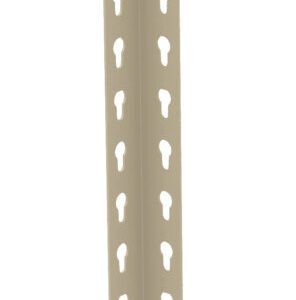 Close-up of a beige metal corner bead for drywall with a perforated pattern. The holes are evenly spaced along its length, providing a textured surface. The corner bead is designed to reinforce and protect drywall corners.