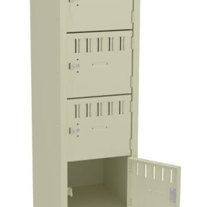 A tall, beige metal locker with five compartments. The locker has a vertical design, with one of the compartment doors open, revealing its interior. Each compartment door has a slot and a latch for securing contents.