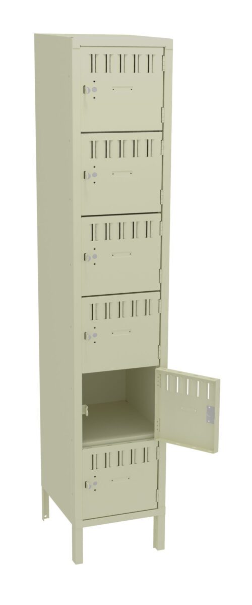 A tall, beige metal locker with five compartments. The locker has a vertical design, with one of the compartment doors open, revealing its interior. Each compartment door has a slot and a latch for securing contents.