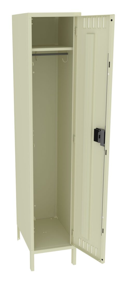 bkcr6v59vmn3tsh1vtx1.jpg A beige metal locker with an open door, revealing an empty interior. The locker features a hanging rod and a hook inside. The locker stands on four legs, and ventilation slots are visible on the door.