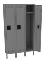 Three gray metal lockers stand side by side, with one locker open. The open locker reveals a hanging rod and two hooks inside. The doors have ventilation slits and black handles. The lockers are elevated on short legs.