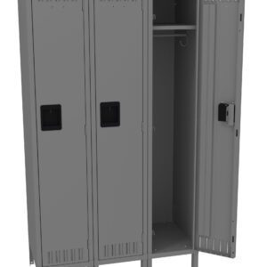 Three gray metal lockers stand side by side, with one locker open. The open locker reveals a hanging rod and two hooks inside. The doors have ventilation slits and black handles. The lockers are elevated on short legs.