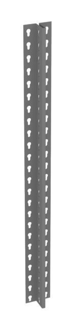 Vertical metal bracket with a right-angle design featuring rows of evenly spaced keyhole-shaped cutouts along its length. The bracket is gray and appears to be a component for shelving or structural support.