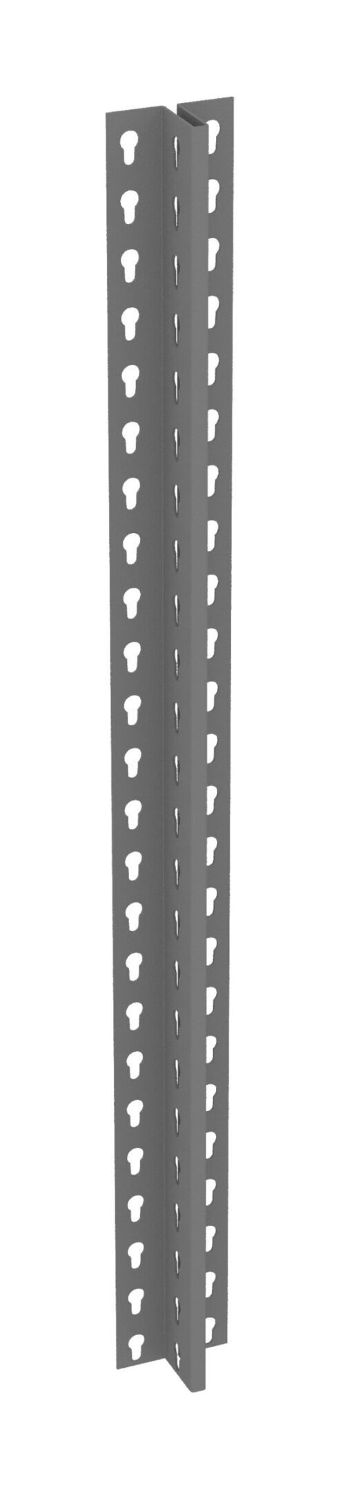 bl3bfkiyh860ite226j0.jpg Vertical metal bracket with a right-angle design featuring rows of evenly spaced keyhole-shaped cutouts along its length. The bracket is gray and appears to be a component for shelving or structural support.