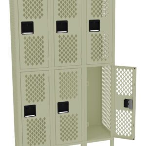 A metal locker with nine compartments, arranged in three rows of three. Each door has a lattice pattern, with one door open in the bottom row revealing an empty compartment. The lockers are beige with black handles.