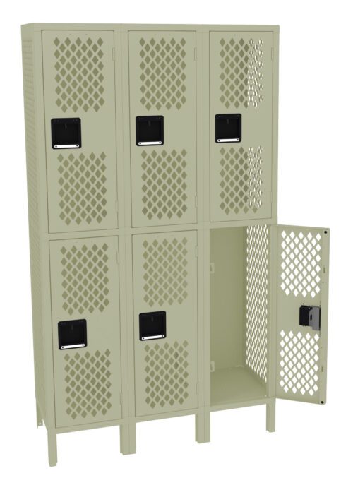 bl9ug3lofflz3jdzsf5b.jpg A metal locker with nine compartments, arranged in three rows of three. Each door has a lattice pattern, with one door open in the bottom row revealing an empty compartment. The lockers are beige with black handles.