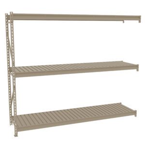 A beige metal shelving unit with three slatted shelves and a vertical support beam on the left side. The design is industrial, with evenly spaced slots on the shelves for ventilation and storage. The unit is against a white background.
