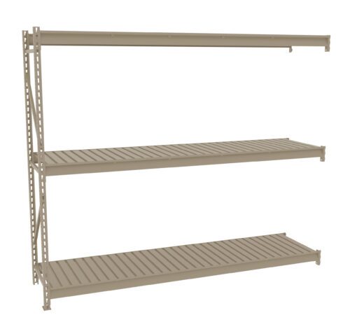 A beige metal shelving unit with three slatted shelves and a vertical support beam on the left side. The design is industrial, with evenly spaced slots on the shelves for ventilation and storage. The unit is against a white background.