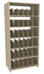 A tall beige metal shelving unit with five tiers, each holding a series of angled slots designed for organizing items vertically. The shelves are evenly spaced, and the structure is open on the front side for easy access.