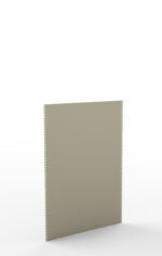 A vertical gray metal sheet with precision-drilled holes along the left and right edges, standing upright on a reflective white surface. The background is minimal and blends with the surface, providing a clean, modern appearance.